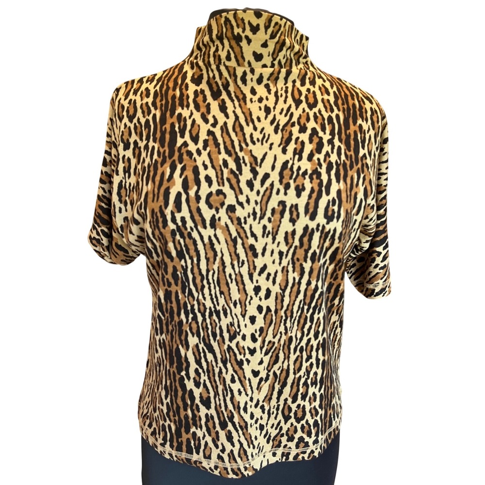 Emanuel Ungaro Leopard Print Pure Wool Mock Neck Short Sleeve Top Brown Large